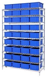 The Quantum Bin Wire Shelving System, measuring 48W x 18D x 74H with a chrome-plated finish, features nine wire shelves each supporting an 800 lb. capacity. It includes four posts for stability and comes with thirty-six DG92060 blue containers.