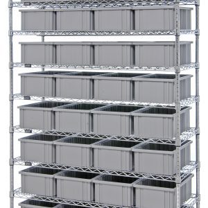 The Quantum Bin Wire Shelving System, measuring 48W x 18D x 74H with a chrome-plated finish, features nine wire shelves and four posts, each holding up to 800 lbs. It includes 36 DG92060 gray containers neatly aligned against a white background.