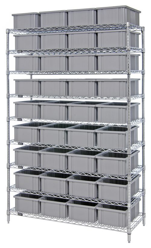 The Quantum Bin Wire Shelving System, measuring 48W x 18D x 74H with a chrome-plated finish, features nine wire shelves and four posts, each holding up to 800 lbs. It includes 36 DG92060 gray containers neatly aligned against a white background.