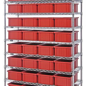 The Quantum Bin Wire Shelving System, measuring 48W x 18D x 74H, has an 800 lb. capacity per shelf and includes nine shelves, four posts, and thirty-six DG92060 red containers, all with a chrome-plated finish for tidy storage against a white background.