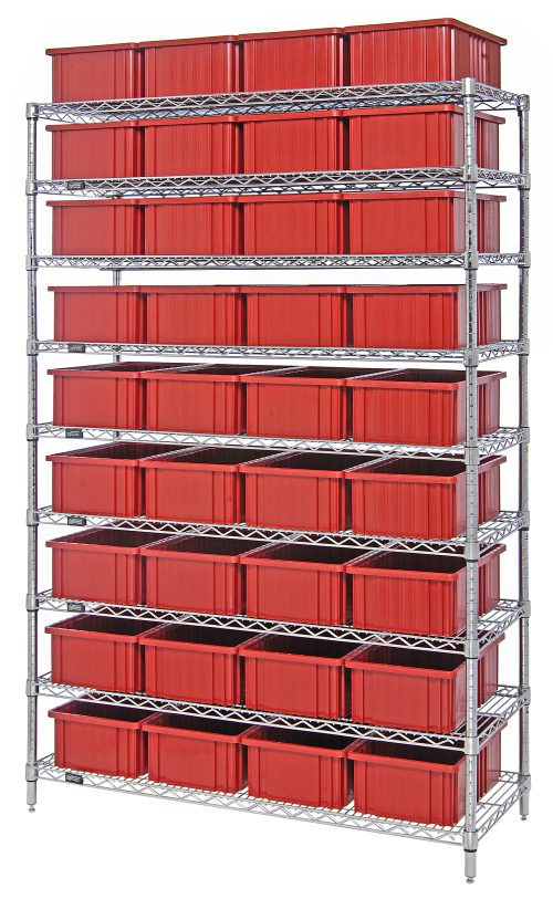 The Quantum Bin Wire Shelving System, measuring 48W x 18D x 74H, has an 800 lb. capacity per shelf and includes nine shelves, four posts, and thirty-six DG92060 red containers, all with a chrome-plated finish for tidy storage against a white background.