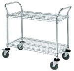 The Quantum Utility Cart, 36W x 18D x 37.5H, features a chrome-plated finish with two wire shelves and an open base. It includes two U shaped handles, four 5 polyurethane swivel casters (two with brakes), and donut bumpers for easy mobility, supporting up to 1200 lbs.