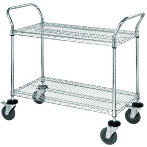 The Quantum Utility Cart, 36W x 18D x 37.5H, features a chrome-plated finish with two wire shelves and an open base. It includes two U shaped handles, four 5 polyurethane swivel casters (two with brakes), and donut bumpers for easy mobility, supporting up to 1200 lbs.