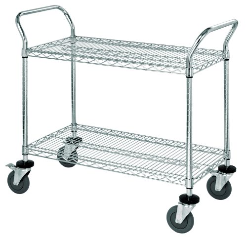 The Quantum Utility Cart, 36W x 18D x 37.5H, features a chrome-plated finish with two wire shelves and an open base. It includes two U shaped handles, four 5 polyurethane swivel casters (two with brakes), and donut bumpers for easy mobility, supporting up to 1200 lbs.
