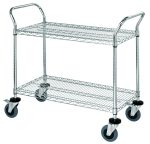 The Quantum Utility Cart measures 36W x 18D x 37-1/2H and features two conductive wire shelves and an open base. It includes two U shaped handles for easy maneuvering, a chrome-plated finish, four 5 swivel casters (two with brakes), and can hold up to 1200 lbs.