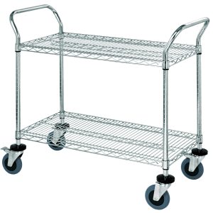 The Quantum Utility Cart measures 36W x 18D x 37-1/2H and features two conductive wire shelves and an open base. It includes two U shaped handles for easy maneuvering, a chrome-plated finish, four 5 swivel casters (two with brakes), and can hold up to 1200 lbs.