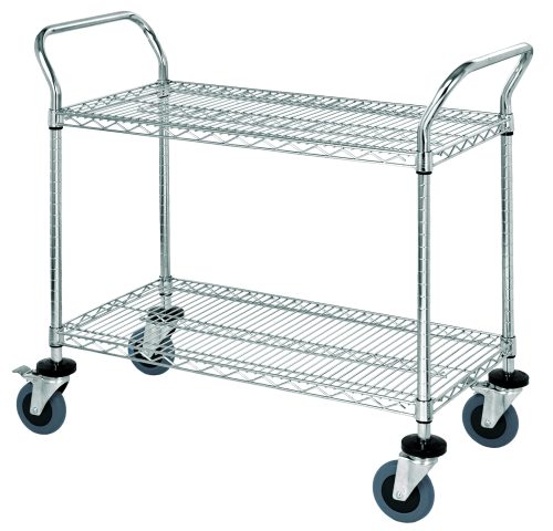 The Quantum Utility Cart measures 36W x 18D x 37-1/2H and features two conductive wire shelves and an open base. It includes two U shaped handles for easy maneuvering, a chrome-plated finish, four 5 swivel casters (two with brakes), and can hold up to 1200 lbs.