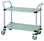 The Quantum Utility Cart measures 36W x 18D x 37-1/2H and features an open base design with two galvanized solid shelves. It has U-shaped chrome-plated handles and rolls smoothly on four 5 polyurethane swivel casters, with brakes on two wheels, and includes donut bumpers for protection.