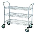 The Quantum Utility Cart features three wire shelves, two U shaped handles, an open base, donut bumpers, and four 5 polyurethane swivel casters (two with brakes). It has a 1200 lb. capacity and measures 36W x 18D x 37-1/2H—perfect for transporting items in kitchens or warehouses.