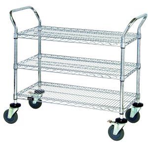 The Quantum Utility Cart features three wire shelves, two U shaped handles, an open base, donut bumpers, and four 5 polyurethane swivel casters (two with brakes). It has a 1200 lb. capacity and measures 36W x 18D x 37-1/2H—perfect for transporting items in kitchens or warehouses.