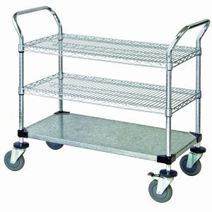 The Quantum Utility Cart measures 36W x 18D x 37-1/2H and features two chrome-plated wire shelves, a galvanized solid shelf, and has handles on each end. It rolls smoothly on four 5 polyurethane swivel casters (two with brakes) and can handle up to 1200 lbs.