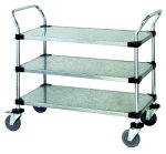 The Quantum Utility Cart measures 36W x 18D x 37-1/2H and features three galvanized solid shelves with a 1200 lb. capacity. It includes two U shaped chrome-plated handles, an open base, and four 5 polyurethane swivel casters (two with brakes) for easy transport.