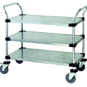 The Quantum Utility Cart measures 36W x 18D x 37-1/2H and features three galvanized solid shelves with a 1200 lb. capacity. It includes two U shaped chrome-plated handles, an open base, and four 5 polyurethane swivel casters (two with brakes) for easy transport.