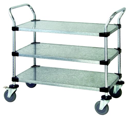 The Quantum Utility Cart measures 36W x 18D x 37-1/2H and features three galvanized solid shelves with a 1200 lb. capacity. It includes two U shaped chrome-plated handles, an open base, and four 5 polyurethane swivel casters (two with brakes) for easy transport.