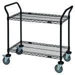 The Quantum Utility Cart, measuring 36W x 18D x 37-1/2H, features an open base with two wire shelves and four 5 polyurethane swivel casters (two with brakes), dual U shaped handles, and a black epoxy antimicrobial finish. Its practical for home, office, or industrial use.