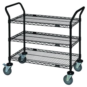 The Quantum Utility Cart in black, with a 36W x 18D x 37-1/2H frame, features a three-tier open base and can hold up to 1200 lbs. It includes two U-shaped handles, four 5 polyurethane swivel casters (two with brakes), donut bumpers, and an antimicrobial epoxy finish for easy mobility and ample storage.