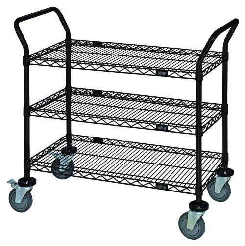 Cart 2 Shelf empty The Quantum Utility Cart in black, with a 36W x 18D x 37-1/2H frame, features a three-tier open base and can hold up to 1200 lbs. It includes two U-shaped handles, four 5 polyurethane swivel casters (two with brakes), donut bumpers, and an antimicrobial epoxy finish for easy mobility and ample storage.