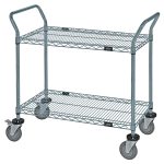 The Quantum Utility Cart measures 36W x 18D x 37.5H and features two wire shelves, four 5 swivel polyurethane casters (two with brakes), and sturdy U shaped handles for easy maneuverability. Its industrial design supports up to 1200 lbs. in various transport needs, with gray epoxy antimicrobial finish.
