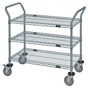 The Quantum Utility Cart, measuring 36W x 18D x 37-1/2H with (3) wire shelves and a 1200 lb. capacity, features an open base, (2) U shaped handles, and (4) 5 swivel casters for easy mobility. It includes donut bumpers and a gray epoxy antimicrobial finish for enhanced safety and hygiene.