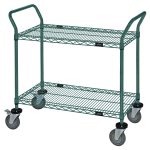 The Quantum Utility Cart, 36W x 18D x 37-1/2H, features two wire shelves and four 5 polyurethane swivel casters (two with brakes). It includes U shaped handles at each end for easy transport and has a green epoxy antimicrobial finish.