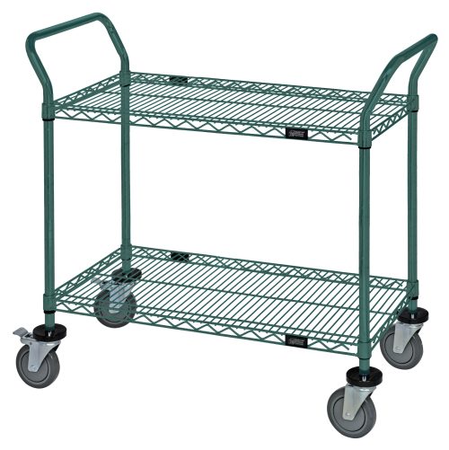 The Quantum Utility Cart, 36W x 18D x 37-1/2H, features two wire shelves and four 5 polyurethane swivel casters (two with brakes). It includes U shaped handles at each end for easy transport and has a green epoxy antimicrobial finish.
