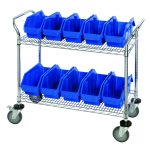 The Quantum Utility Cart, measuring 36W x 18D x 37-1/2H, includes two wire shelves and ten QP1265 blue bins. It features two swivel casters with brakes and a handle for effortless mobility. The cart has a chrome finish and is shipped knocked down (KD).