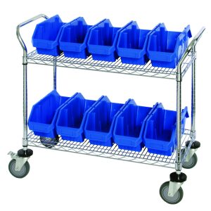 The Quantum Utility Cart, measuring 36W x 18D x 37-1/2H, includes two wire shelves and ten QP1265 blue bins. It features two swivel casters with brakes and a handle for effortless mobility. The cart has a chrome finish and is shipped knocked down (KD).