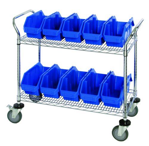 The Quantum Utility Cart, measuring 36W x 18D x 37-1/2H, includes two wire shelves and ten QP1265 blue bins. It features two swivel casters with brakes and a handle for effortless mobility. The cart has a chrome finish and is shipped knocked down (KD).