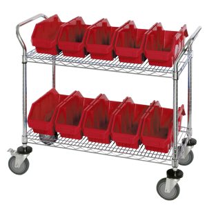The Quantum Utility Cart, 36W x 18D x 37-1/2H, features a chrome-plated finish and handle, two wire shelves with ten red bins (12-1/2W x 6-5/8D x 5H), and two swivel casters with brakes. Shipped KD.