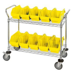 The Quantum Utility Cart measures 36W x 18D x 37-1/2H and includes two chrome-plated wire shelves, ten yellow bins (12-1/2W x 6-5/8D x 5H), a handle, and four wheels for maneuvering—two swivel casters with brakes.