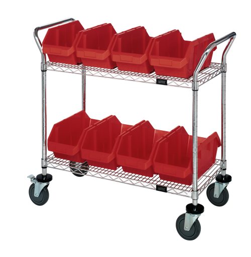 The Quantum Utility Cart measures 36W x 18D x 37-1/2H and includes two wire shelves, eight red bins (12-1/2W x 8-3/8D x 5H), swivel casters with brakes, and a chrome-plated finish. Highly mobile, thanks to its design. Shipped KD.