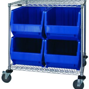 The Quantum Bin Systems Unit includes two wire shelves, four posts, and four autoclavable blue bins (29L x 16W x 15H). It features large caster wheels (two with brakes) for easy mobility. Its chrome finish ensures durability while securely holding your storage needs.
