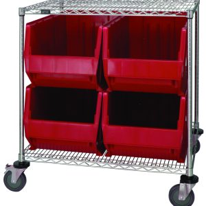 The Quantum Bin Systems Unit features two wire shelves, four chrome posts, and four autoclavable red bins (QUS976) sized 29L x 16W x 15H. Equipped with swivel casters including brakes, this metal trolley offers stability and easy access to stored items while remaining stationary.
