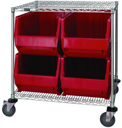 The Quantum Bin Systems Unit features two wire shelves, four chrome posts, and four autoclavable red bins (QUS976) sized 29L x 16W x 15H. Equipped with swivel casters including brakes, this metal trolley offers stability and easy access to stored items while remaining stationary.