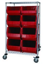 The Quantum Bin Systems Unit, stationary at 36W x 30D x 69H, includes two wire shelves, four posts, and rolls on four 5 polyurethane swivel casters. It holds two bins (QUS974) and six larger bins (QUS976), all in red. The unit is chrome finished and offers organized storage with autoclavable bins up to 250°.