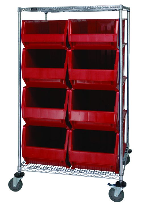 The Quantum Bin Systems Unit, stationary at 36W x 30D x 69H, includes two wire shelves, four posts, and rolls on four 5 polyurethane swivel casters. It holds two bins (QUS974) and six larger bins (QUS976), all in red. The unit is chrome finished and offers organized storage with autoclavable bins up to 250°.