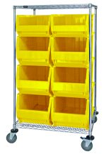Discover the Quantum Bin Systems Unit—a versatile 36W x 30D x 69H shelving solution featuring a chrome finish and two wire shelves. It includes (2) Qus974 and (6) Qus976 yellow autoclavable bins. Equipped with durable swivel casters for mobility, it can also serve as a sturdy stationary organizer.
