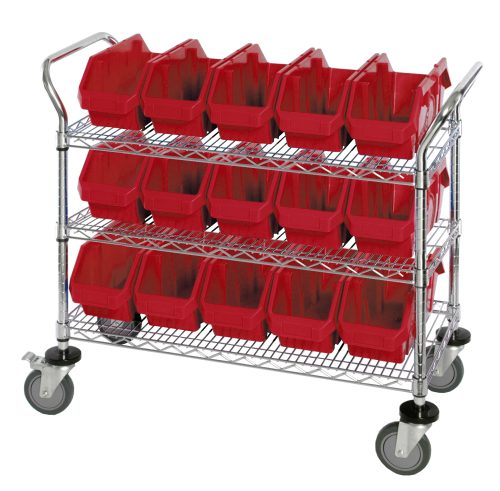 WRC3-1836-1867_RD.jpg The Quantum Utility Cart, measuring 36W x 18D x 37-1/2H, includes three wire shelves with fifteen 12-1/2W x 6-5/8D x 5H (QP1265) red bins. Its chrome-plated finish and four wheels, including two swivel with brakes, provide both style and practical mobility.