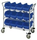 The Quantum Utility Cart is a three-tiered cart measuring 36W x 18D x 37-1/2H, featuring a chrome plated finish, three wire shelves, twelve blue bins (12-1/2W x 8-3/8D x 5H), and four large swivel casters—two with brakes for extra mobility and stability.