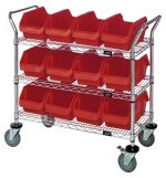 A Quantum Utility Cart, 36W x 18D x 37-1/2H, comes with three wire shelves, twelve QP1285 red bins (12-1/2W x 8-3/8D x 5H), and four wheels including two swivel casters with brakes. It has a chrome-plated finish and ships knocked down for easy assembly.