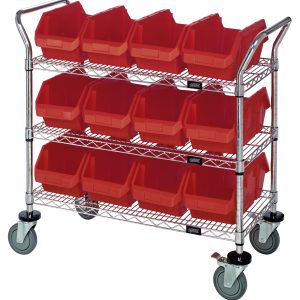 A Quantum Utility Cart, 36W x 18D x 37-1/2H, comes with three wire shelves, twelve QP1285 red bins (12-1/2W x 8-3/8D x 5H), and four wheels including two swivel casters with brakes. It has a chrome-plated finish and ships knocked down for easy assembly.