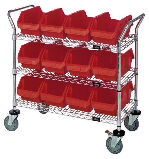 A Quantum Utility Cart, 36W x 18D x 37-1/2H, comes with three wire shelves, twelve QP1285 red bins (12-1/2W x 8-3/8D x 5H), and four wheels including two swivel casters with brakes. It has a chrome-plated finish and ships knocked down for easy assembly.