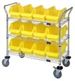 The Quantum Utility Cart, measuring 36W x 18D x 37-1/2H, features three wire shelves with twelve QP1285 yellow bins (12-1/2W x 8-3/8D x 5H each). It rolls on four gray wheels, two of which are swivel casters with brakes, and has a chrome-plated finish. Ships KD.