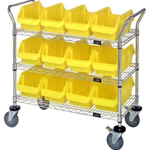 The Quantum Utility Cart, measuring 36W x 18D x 37-1/2H, features three wire shelves with twelve QP1285 yellow bins (12-1/2W x 8-3/8D x 5H each). It rolls on four gray wheels, two of which are swivel casters with brakes, and has a chrome-plated finish. Ships KD.