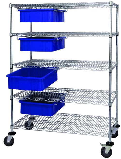 WRC5-63-2436-93060_BL.jpg The Quantum Bin Cart System is a metal shelving unit with six wire shelves on wheels and a sleek chrome-plated finish, measuring 36W x 24D x 69H. It includes four blue modular drawers (DG92060) with dividable grids for optimized storage and mobility.