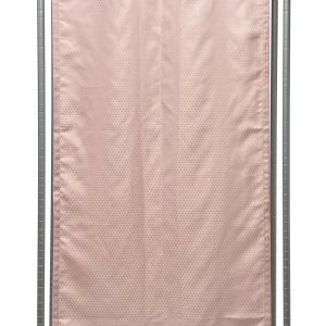 The Quantum Mobile Privacy Partition transforms with a light pink fabric cover, resembling a curtain and attaching with top hooks. Measuring 36W x 12D x 78H, it features a bottom grid shelf and boasts a gray epoxy antimicrobial finish.