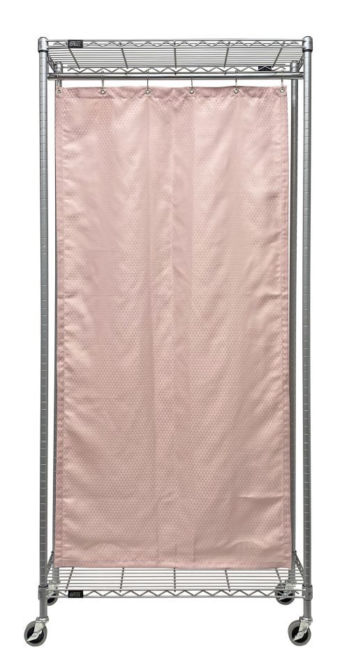 WRC74-1236GY-2PC.jpg The Quantum Mobile Privacy Partition transforms with a light pink fabric cover, resembling a curtain and attaching with top hooks. Measuring 36W x 12D x 78H, it features a bottom grid shelf and boasts a gray epoxy antimicrobial finish.