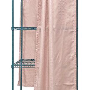 Introducing the Quantum Mobile Privacy Storage Cart: 36W x 18D x 80H with a 1200 lb. load capacity. It features a green epoxy antimicrobial finish, three tiers, light pink curtains for privacy, and four wheels for easy mobility.