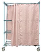 The Quantum Mobile Privacy Storage Cart, 60W x 18D x 80H, with a 1200 lb. capacity and green epoxy antimicrobial finish, features two shelves and is elegantly draped in a light pink textured curtain on a rod for both storage and privacy.