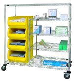 The Quantum Bin Transport Cart measures 60W x 24D x 69H, has a 1200 lbs load capacity, and includes (3) 36W x 24D wire shelves and (4) QUS955 yellow bins. It features a chrome-plated finish and wheels for easy mobility. Shipped KD.
